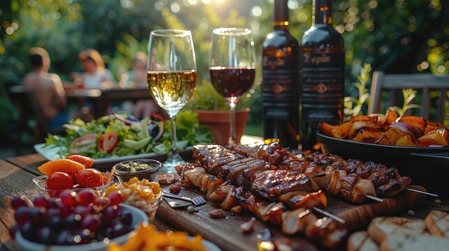 backyard dinner table have a tasty grilled bbq meat salads and wine with happy joyful people on background,art image