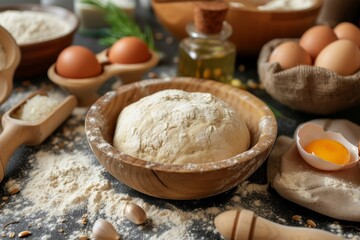 Ingredients for yeast dough bread pizza or pie such as flour eggs sugar salt and seeds placed on a kitchen table
