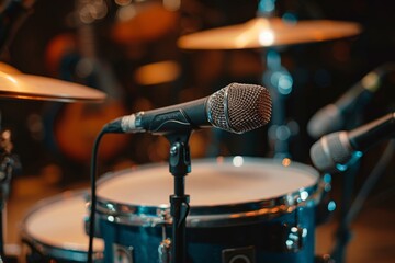 Installing a microphone on a drum kit for amplification and sound recording Preparing musical...
