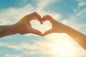 Obraz premium International Human Solidarity Day Father and son shaping a heart against a sunny sky backdrop