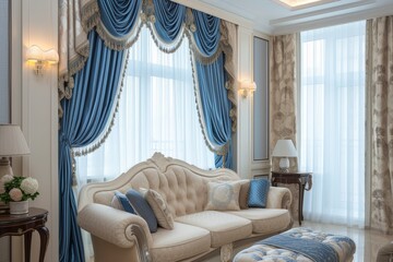 Interior decoration of the living room in classical palace style including dense blue curtains with ornaments lambrequin pelmet jabot and embroidered tulle - obrazy, fototapety, plakaty