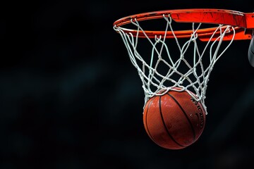 Fototapeta premium Isolated basketball going through hoop on black background