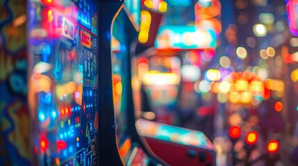 Soft blurred cityscape in the background while the foreground is filled with the vibrant colors and shapes of vintage arcade cabinets evoking a sense of excitement and anticipation. .