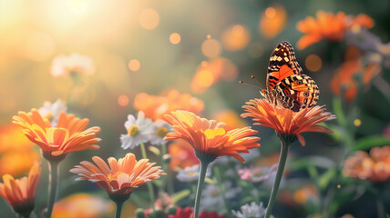 A butterfly perched on a colorful flower, enjoying the warm spring sunshine - obrazy, fototapety, plakaty