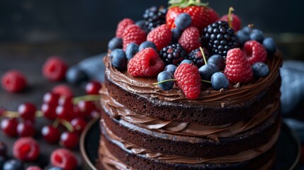 A decadent chocolate cake adorned with fresh berries, tempting the viewer with its rich layers and...