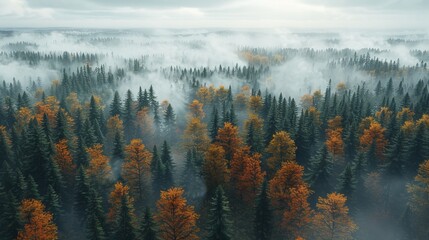 A forest with trees and fog in the background.