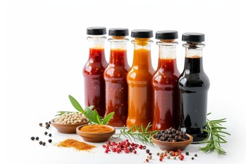 Isolated glass bottles of BBQ sauce on a white background