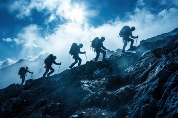 A climbing team in silhouette braves a snowstorm during a challenging rocky ascent at night.