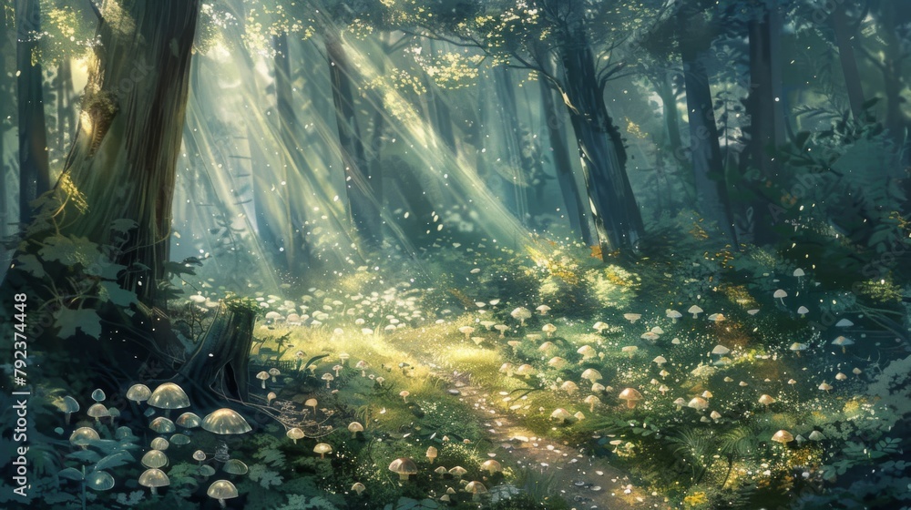 Poster a dense forest canopy casting dappled sunlight on a patch of wild mushrooms below
