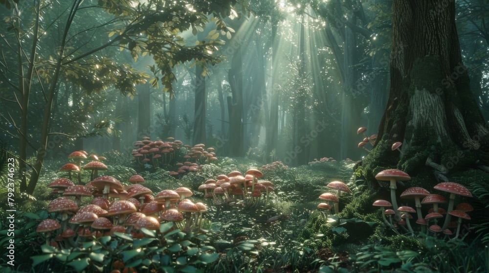 Poster a dense forest canopy casting dappled sunlight on a patch of wild mushrooms below
