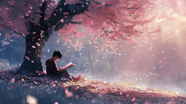A person reading a book under a blossoming tree in a quiet park