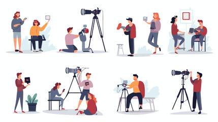 Set of bloggers and vloggers cartoon people making