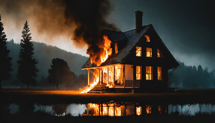 Dark, moody stock photo depicting a house burning down at night with dramatic lighting, evoking a sense of despair and tragedy