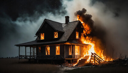Dark, moody stock photo depicting a house burning down at night with dramatic lighting, evoking a sense of despair and tragedy