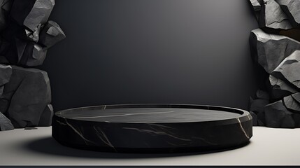 A sleek, black podium stands ready for product display against a dark and rocky backdrop. Dramatic Stone Podium Showcases Products in Style. A round stone platform stands against a backdrop.