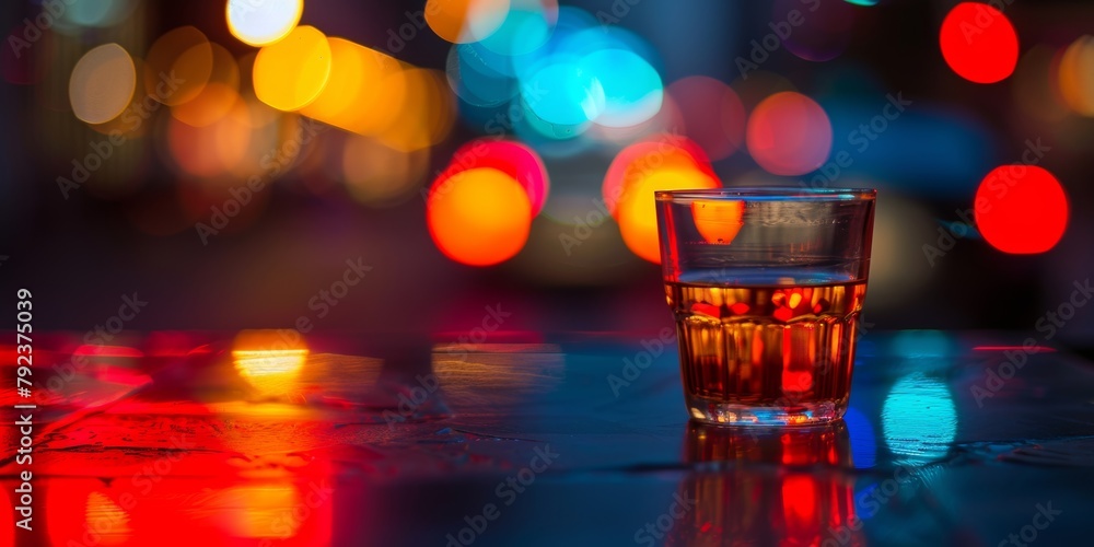 Poster a glass of whiskey sits on a reflective surface with a vibrant bokeh light background creating a moo