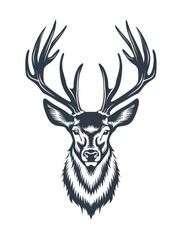 Monochrome illustration of a majestic deer head with large symmetrical antlers, ai generated