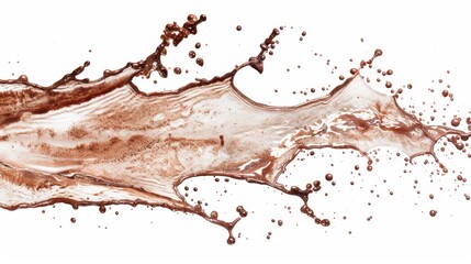 Dynamic chocolate splash with airborne droplets isolated on a white background.