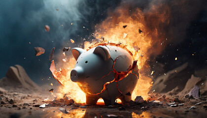 shattered piggy bank engulfed in flames symbolizing financial collapse and investment loss