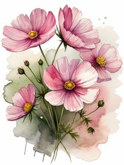 Watercolor painting,  clip art of  pink flowers of Cosmos