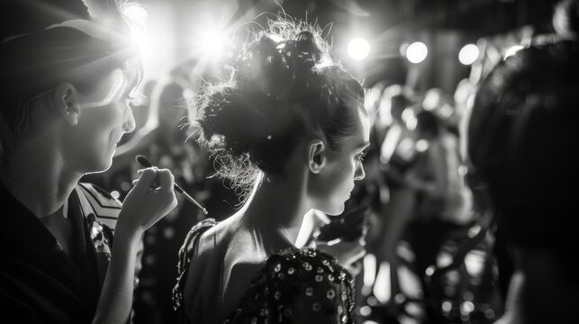 Defocused drama Amid the bright lights and high energy of a fashion show the backstage area is a scene of organized chaos. Makeup artists and hairdressers work feverishly on models .