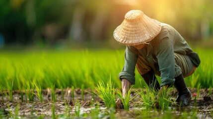 A farmer in traditional attire, knee-deep in lush green rice paddies, tenderly nurturing the staple crop of Thailand.