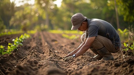 A side profile of a farmer carefully planting seeds into neat rows in the soil representing the essential process of starting the farm life cycle. . - obrazy, fototapety, plakaty