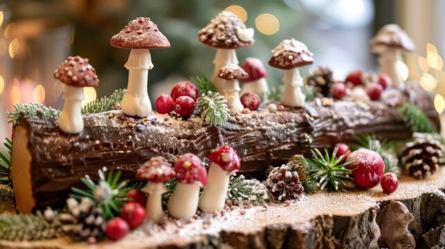 A festive yule log cake adorned with marzipan mushrooms and sugared cranberries, capturing the magic of the holiday season.