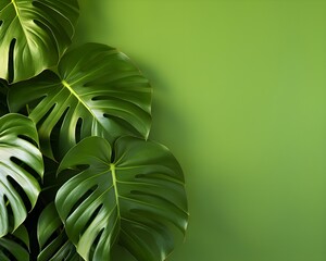 Monstera leaves on a green plain background, photography, realistic photo, 4k, copy space for text banner wallpaper