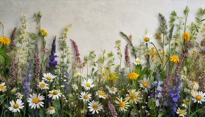 flowers in the field,floral arrangement of wildflowers arranged vertically along a wall or neatly arranged on a surface. Natural background. - obrazy, fototapety, plakaty
