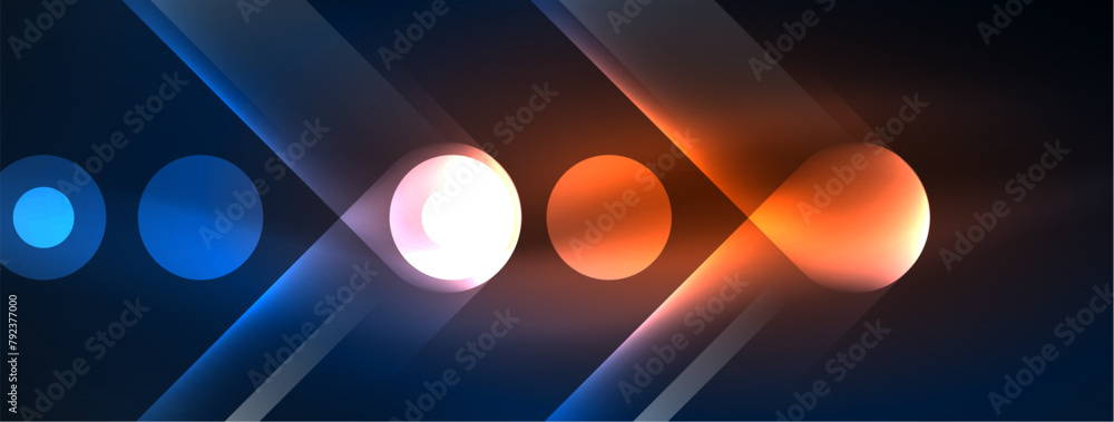 Poster eyecatching automotive lighting design resembling a glowing arrow with circles on a dark background,