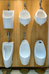 Exhibition of samples urina toilet bowls in a row in the wall warehouse of a plumbing store. Modern sanitary ware product for hygiene.