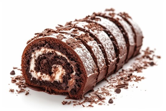 Isolated picture of a chocolate Swiss roll cake on white background
