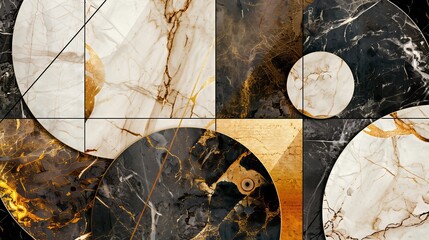 An artistic composition featuring an interplay of geometric lines and circles overlaid on a richly textured marble background.