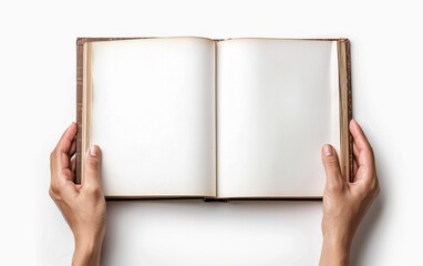 Obraz premium Hand holding a book with blank pages on a white background