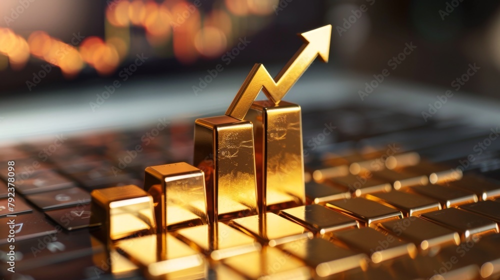 Poster a golden bar graph with arrow pointing upward, depicting a rise in gold prices