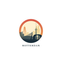 Rotterdam cityscape, gradient vector badge, flat skyline logo, icon. Netherlands, Holland city round emblem idea with landmarks and building silhouettes. Isolated graphic