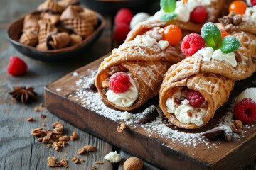 Italian cannoli from Sicily with ricotta and different fillings presented on a wooden board
