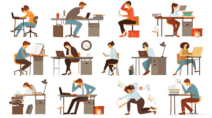 Fototapeta na wymiar Set of busy people in stress and fatigue at work. E