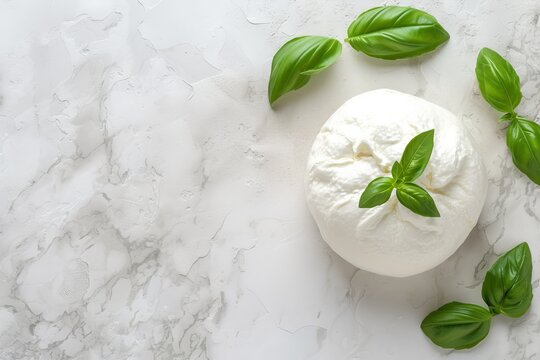 Italian burrata cheese ball from Apulia top view with space for text