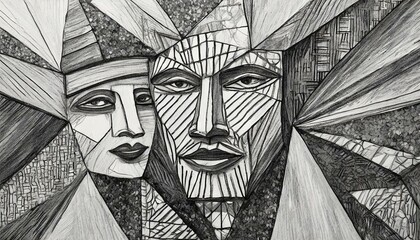 statue of liberty statue,Cubist style collage of two faces cut and glued together. Abstract and artistic geometric art. Black and white image in pencil drawing style. Illustration for poster, cover, b - obrazy, fototapety, plakaty