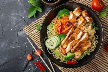 Japanese cuisine Chinese noodles with chicken tofu and grilled veggies in unagi sauce served in a...