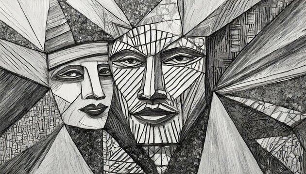 statue of liberty statue,Cubist style collage of two faces cut and glued together. Abstract and artistic geometric art. Black and white image in pencil drawing style. Illustration for poster, cover, b