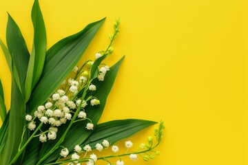 Lilies of the valley bouquet on yellow background Wide Angle Spring banner for wedding birthday and mother s day