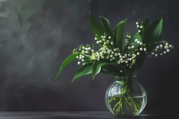 Rolgordijnen Lily of the Valley flowers in glass close up with space for text © The Big L
