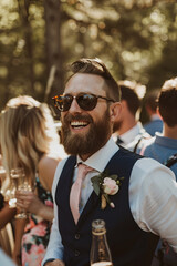 Snapshot capturing the happiness of a groom at a summertime outdoor wedding, encircled by family and friends