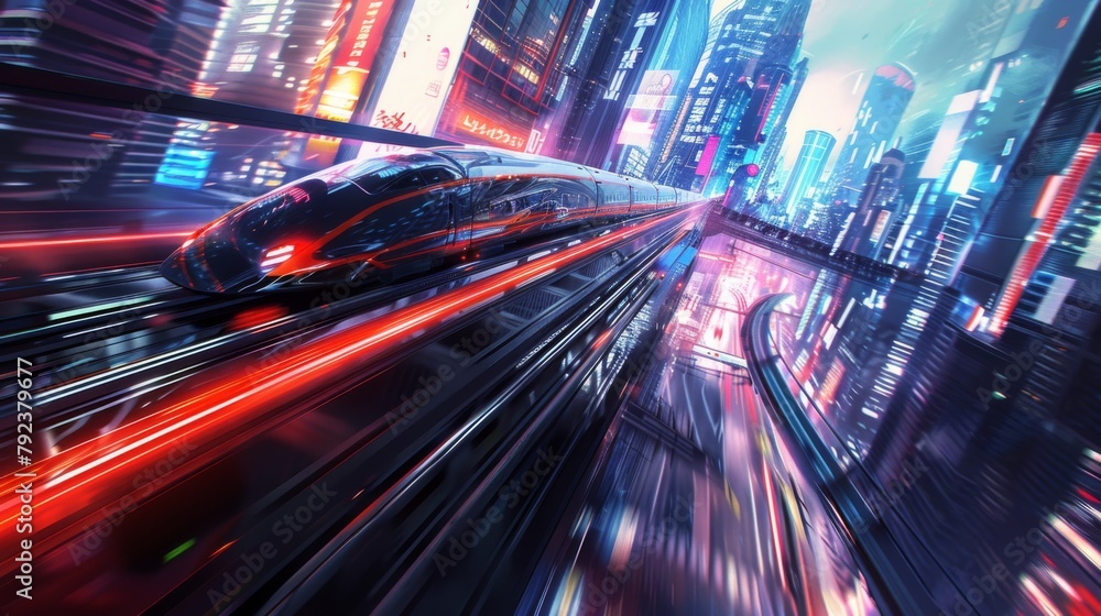 Aufkleber A high-speed train racing through a futuristic cityscape, with sleek architecture and neon lights flashing by in a blur of motion.