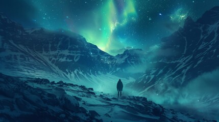 A lone figure gazing up at the breathtaking display of the northern lights, awash in awe and wonder amidst the wilderness.