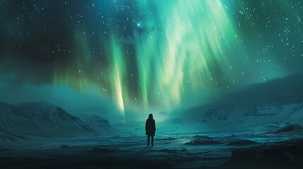 Fototapeta premium A lone figure gazing up at the breathtaking display of the northern lights, awash in awe and wonder amidst the wilderness.