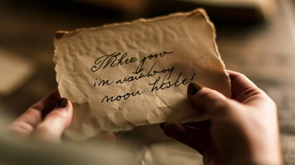 Closeup of a handwritten note that reads Im here for you no matter what. The simple yet powerful message serves as a reminder of the unwavering support of a loved one. .